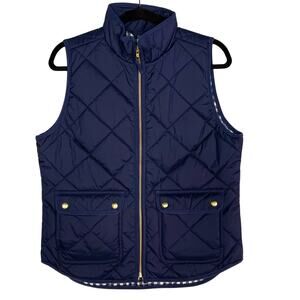 J Crew Womens Small Navy Blue Puffer Vest Quilted With Snap Pockets Gold Zipper